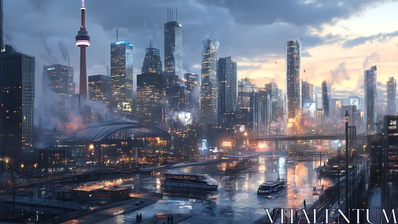 Neon waterfront skyline under moody twilight rainstorm.