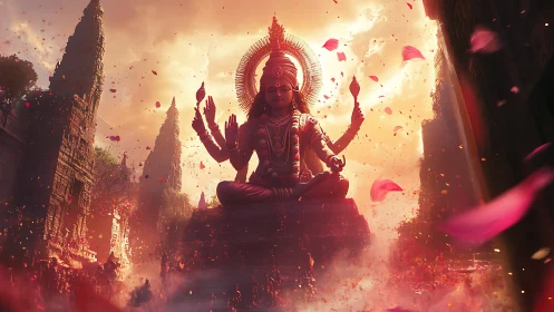 Divine multiarmed stone deity in monumental temple courtyard.