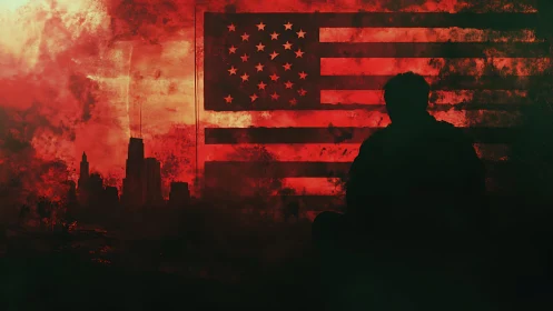 Silhouetted figure confronts distressed American flag in red haze
