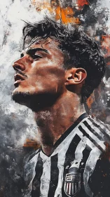 Storm-lit striker in striped armor, eyes on invisible victory.