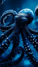 Blue octopus underwater with detailed curling tentacles.