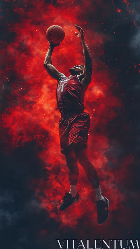 Kinetic basketball leap through combustive nebular cloudfield.