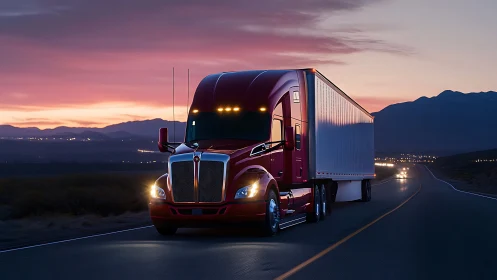 Aerodynamic red semi-truck on desert highway at twilight.