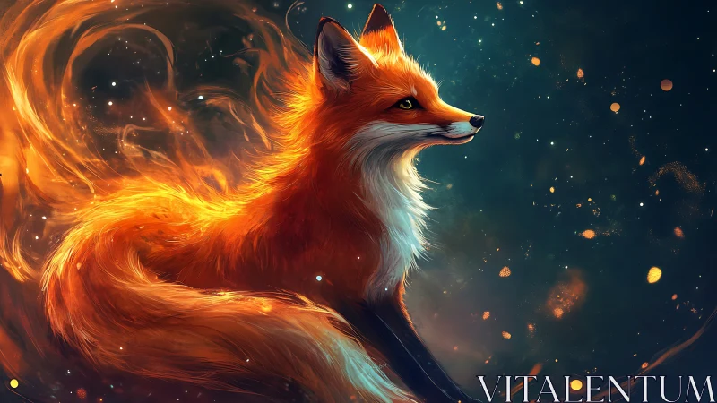Fiery fox spirit ignites starlit cosmic night sky.
