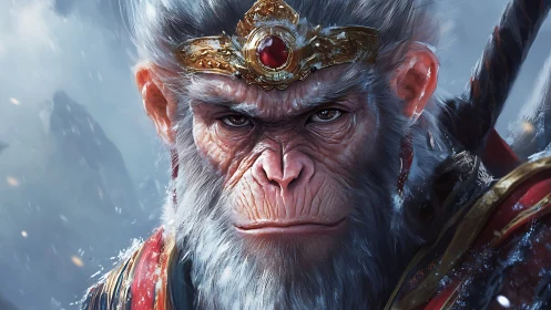 Mythic warrior monkey king portrait with jeweled diadem