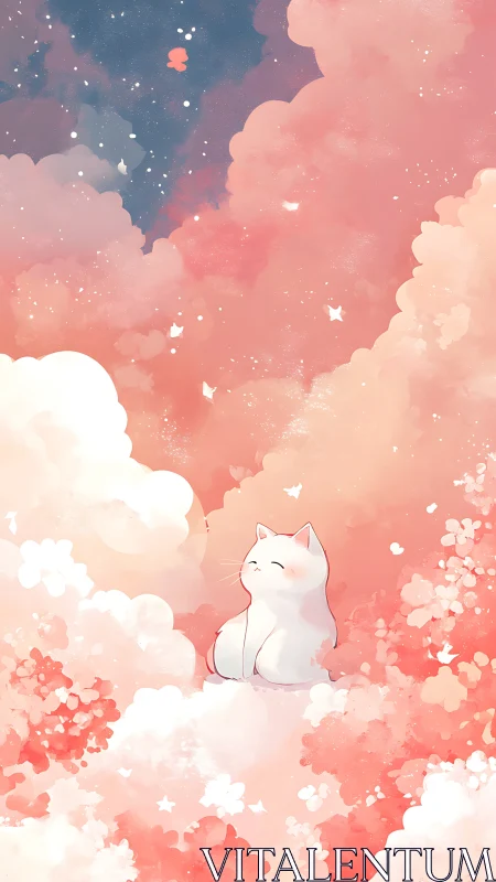 Softly rendered white cat meditating amid gradient peach clouds