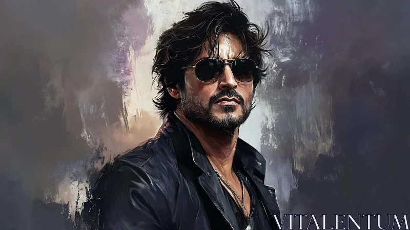 Brooding leather clad man stands against abstract painted dusk