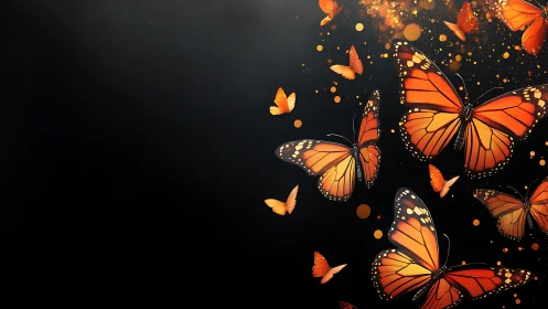 Orange butterflies on dark background in scattered formation.