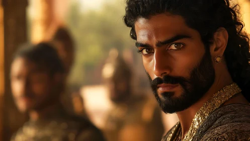 Regal warrior portrait under warm palace light