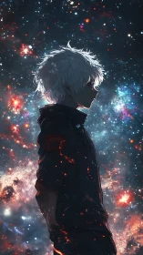 Starborn silhouette boy drifting through a burning galaxy.