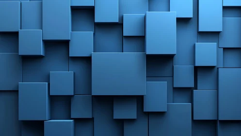 Layered blue 3D squares forming geometric abstract wall.