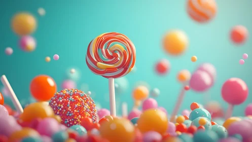 Spherical Candy Arrangement with Spiral Lollipop in Teal Spatial Context.