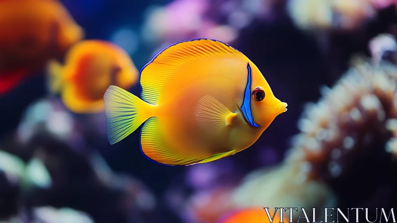 Bright yellow tang glides through soft-focus coral reef
