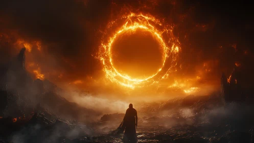 Solitary figure before fiery ring in volcanic wasteland.