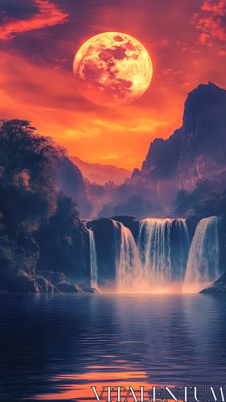Hyperreal lunar rise above misted tiered waterfall canyon