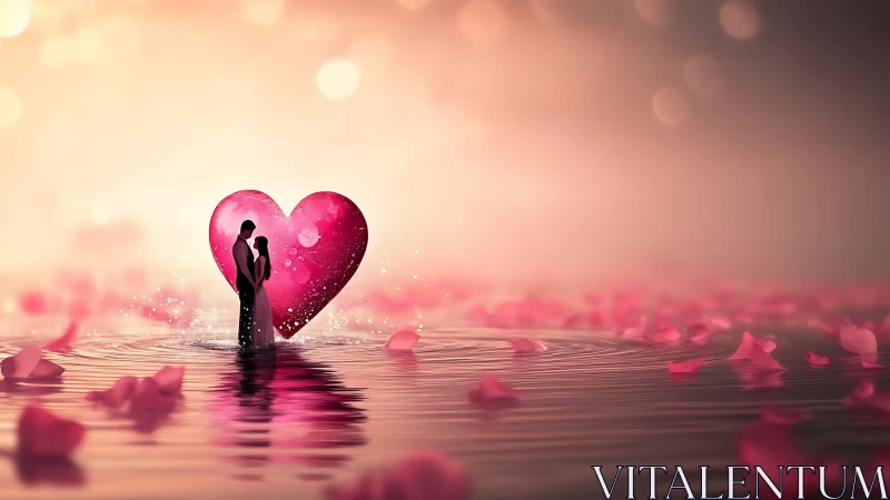 Couple Embracing Within Giant Heart Over Water.