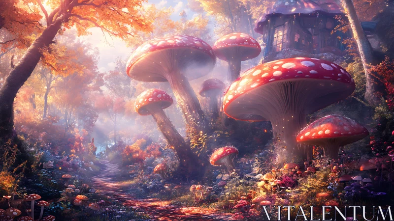 Giant fairy ring mushrooms guard a sunlit enchanted cottage.