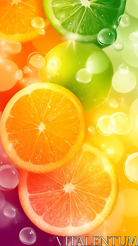Citrus fruit slices with bubbles on multicolor gradient background.