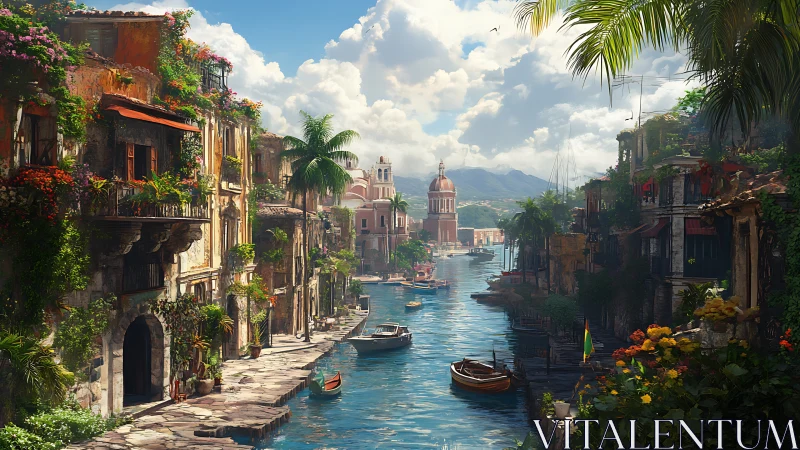 Sunlit canal city with boats and lush rooftop gardens.