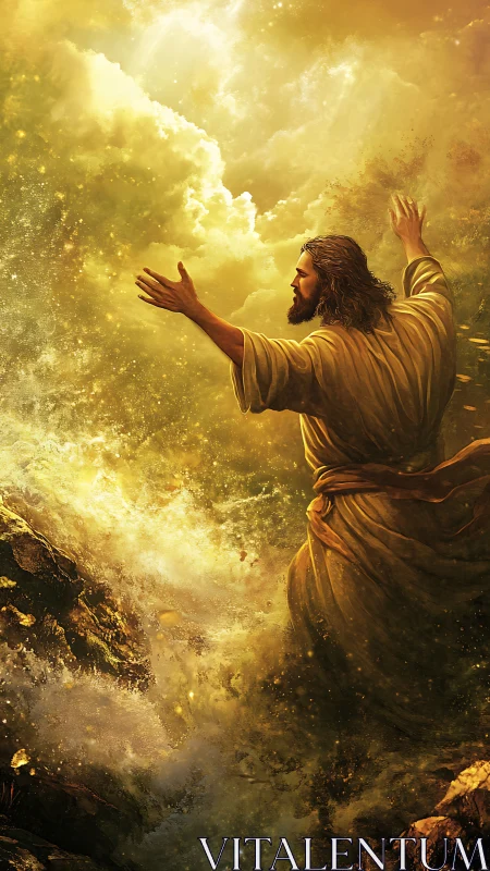 Digital painting of radiant prophet within celestial stormscape.