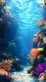 Vibrant coral reef canyon under sunlit tropical seawater.