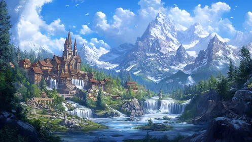 Mountain castle village overlooks tiered waterfalls and river