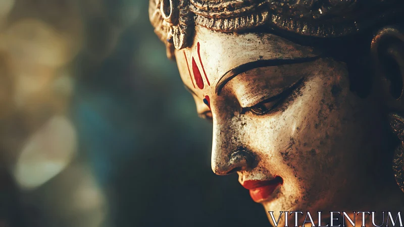 Quiet bronze goddess leans into golden dusk and remembers