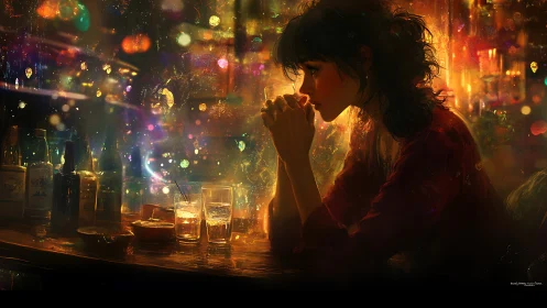 Woman seated at bar counter amid diffuse colored lights.