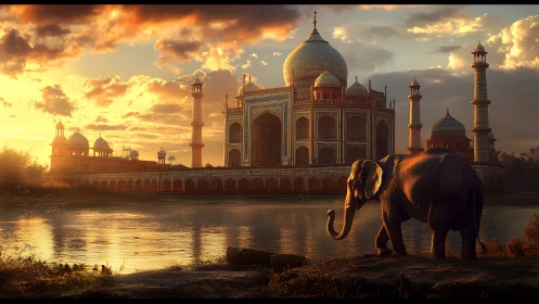 Elephant by riverside near domed monument at sunset light.