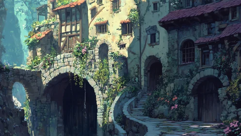 Sunlit stone village path winding through quiet cottages.