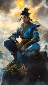 Dynamic wuxia warrior portrait with misty mountain vista.