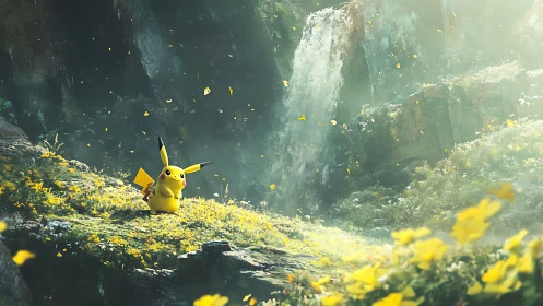 Pikachu amidst sunlit wildflowers below misty waterfall.