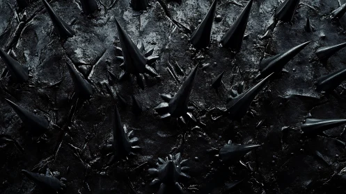Dark glossy spikes rise from a moody abstract surface