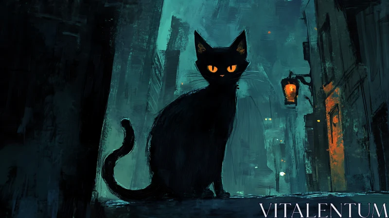 Black Cat with Glowing Eyes in Neon Urban Alley.