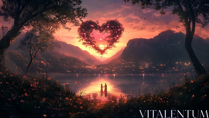 Sunset Romance Over Mountain Lake with Heart-Shaped Tree.