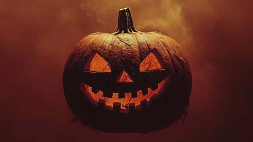 Grinning ember jack o’ lantern in smoky harvest nightfall.