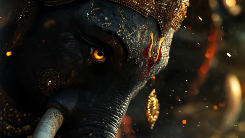Decorated elephant head with ornate crown and glowing eye.
