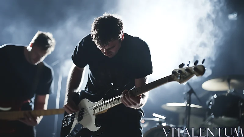 Electric bassist performs on stage under strong backlighting