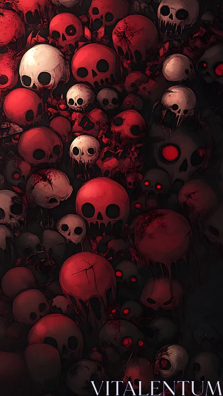 Stacked stylized skulls form a dense vertical composition