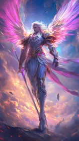 Radiant winged knight stands armed above glowing clouds.