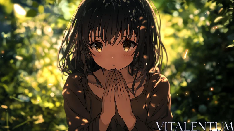 Soft dappled light envelops contemplative anime girl in forest