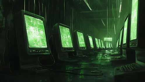 Retro terminals glow inside flooded cyber control corridor.