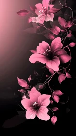 Pink Floral Vines Against Dark Gradient Background Digital Artwork