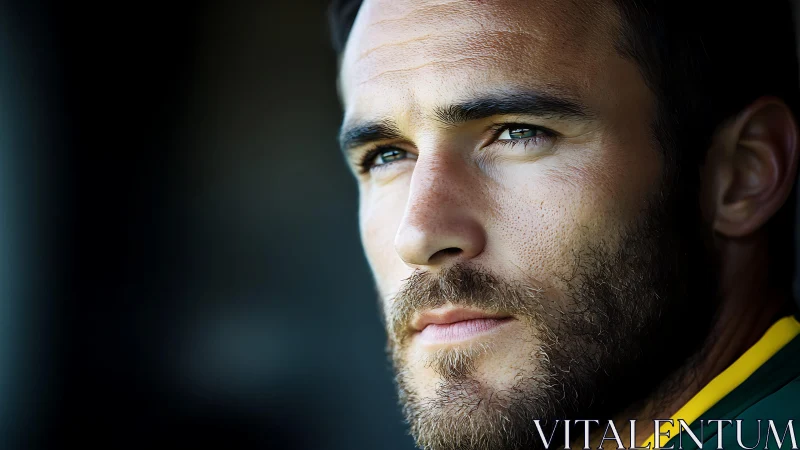 Close-up portrait shows bearded man looking to the side