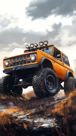Storm-ready orange off-road bronco muscling through mud.