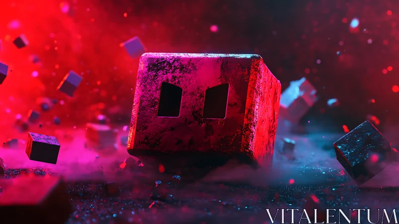 Playful neon cube drifting through a glowing cosmic storm.