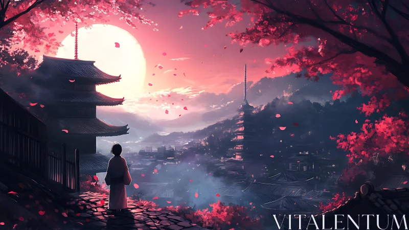 Solitary figure watches temple city under rising crimson moon