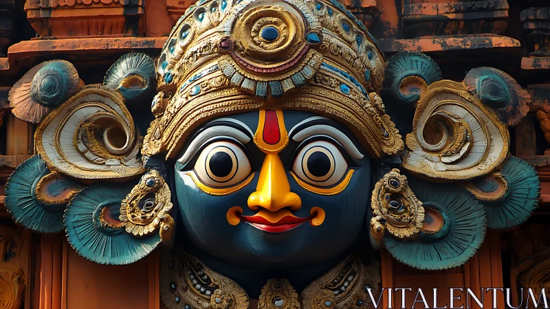 Ornate traditional mask sculpture with symmetrical detailing.
