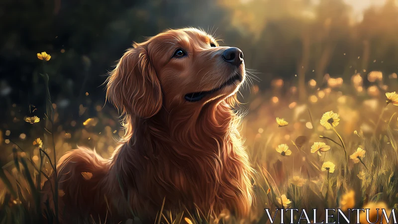 Golden retriever basks in gentle sunset light among flowers