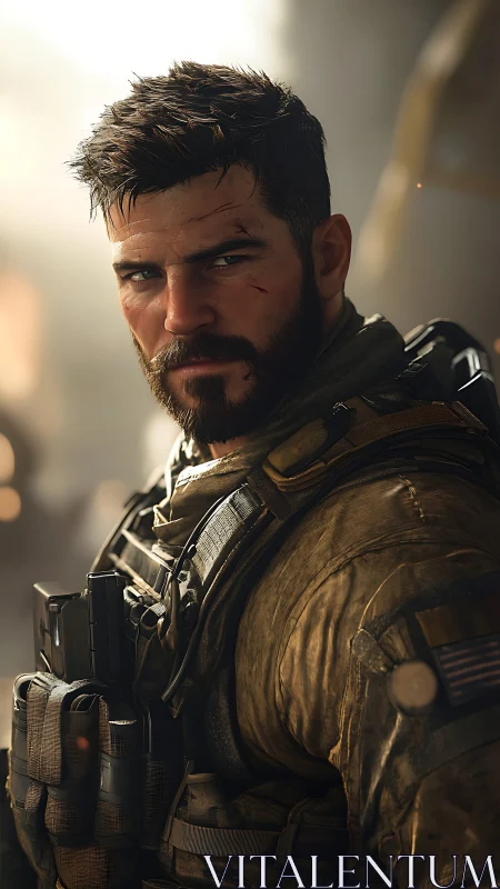 Battle-scarred soldier stares down chaos in burning light.